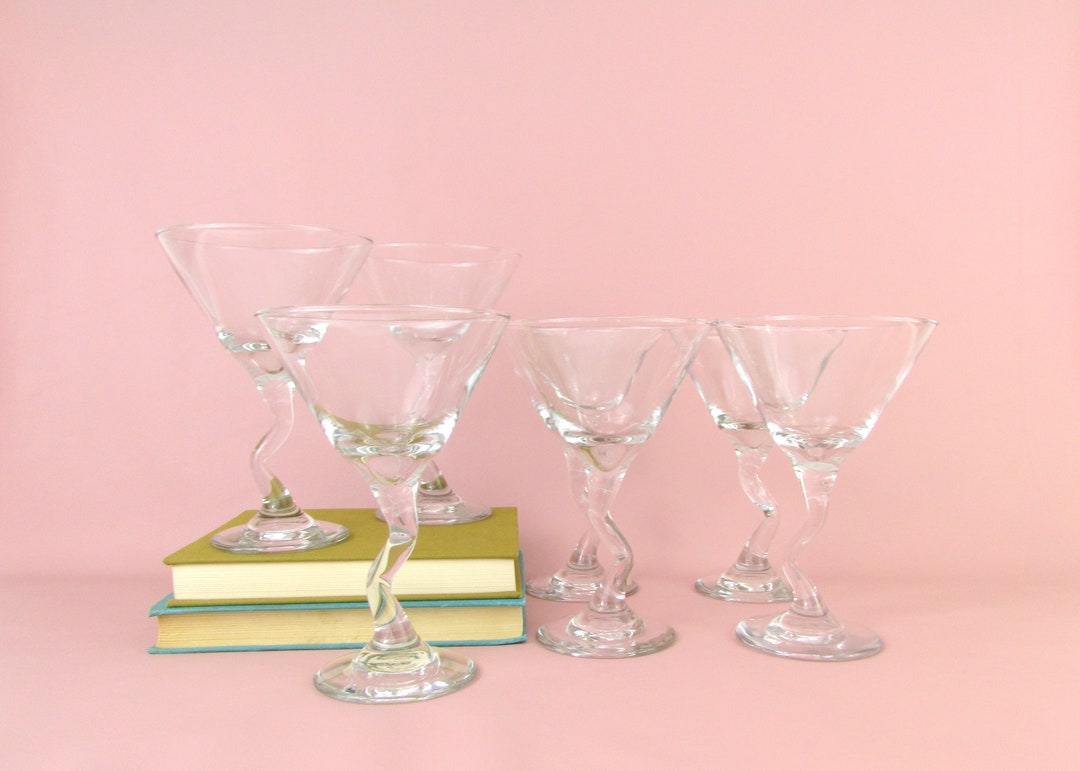 Vintage Libbey Martini Glasses Set 7 Z Stem Memphis Style Squiggle Stem