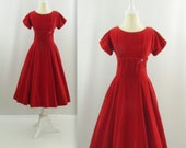 1950s Cranberry Kiss Velvet Party Dress - Vintage 50s Red Circle Skirt Cocktail Dress in Small by Winnie Marsh