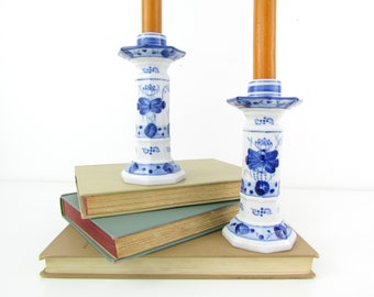 Vintage Chinoiserie Delft Candle Holders Blue and White Ceramic Candlesticks Set of 2 - Coastal Beach Wedding