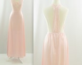 Sweet Embrace Backless Lace Nightgown - Vintage 1970s T Strap Maxi Nightie in Pink - Small