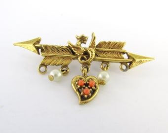 Vintage Double Arrow Dragon Heart Brooch Pin - Gold Celtic Charm Love Jewelry Jewllery