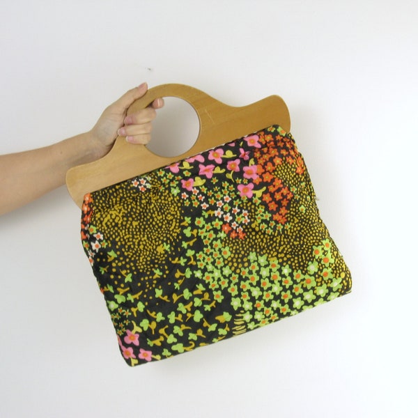 Sale Vintage 1960s Neon Bright Fabric Handbag w/ Wooden Handles