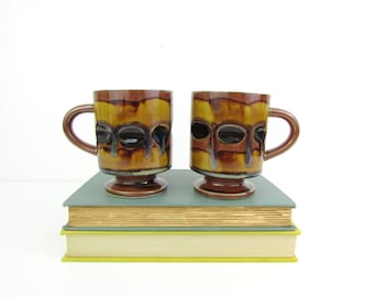 Mid Century Pedestal Mug Japan - Vintage Studio Pottery Mugs Set 2 w/ Drip Glaze