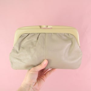 Vintage Leather Clutch Bag in Taupe Beige - Lucite Frame Evening Purse Neutral Made in Italy