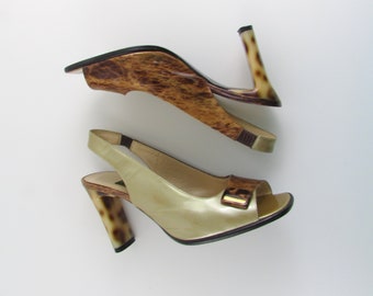 Vintage Tortoise Shell Leather Peep Toe Heels in Size 6 - 6.5 US of 37 Euro by Francois Xavier made in Italy