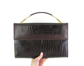 Vintage Top Handle Bag - Brown Crocodile Alligator Purse Handbag