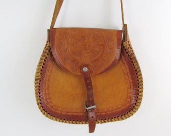 Vintage Tooled Leather Crossbody Bag - Boho Sun God Purse