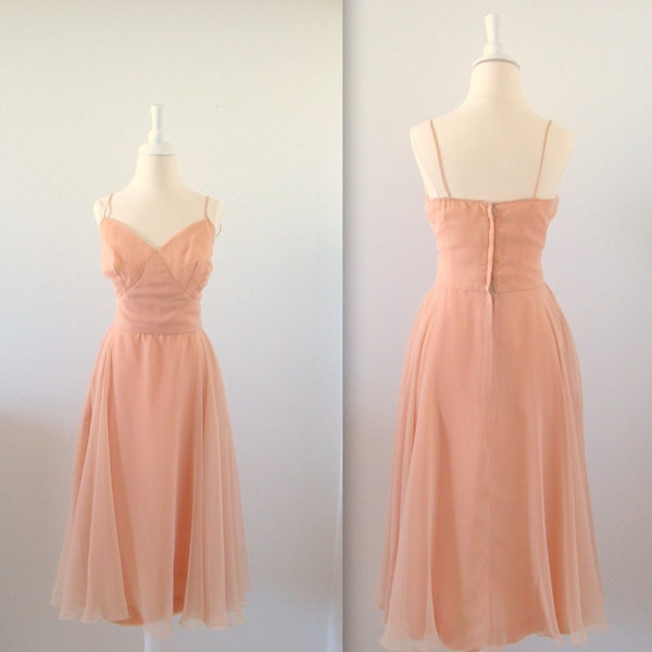 Vintage 1950s Dress Cocktail Party Prom Chiffon Peach Size Small