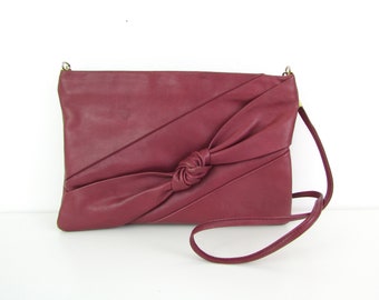 Vintage Berry Plum Leather Purse Shoulder Bag w/ Knotted Bow
