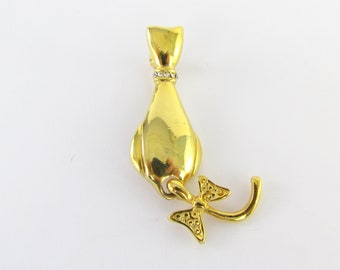 Vintage Cat Brooch Pin in Gold w/ Swinging Tail - Art Deco Jewelry Jewellery