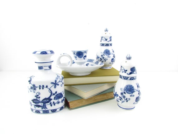 Vintage Vienna Woods Blue Onion Decanter Candle Holder or Shakers - Chinoiserie Blue and White Delftware China