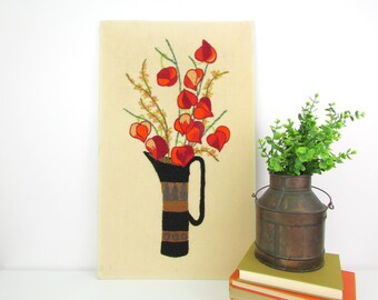 Tableau Ancien Et Rare Broderie Crewel Paragon - Fleurs Et Pots, Dimensions 25x32cm, Complet Et Encadré, Occasion