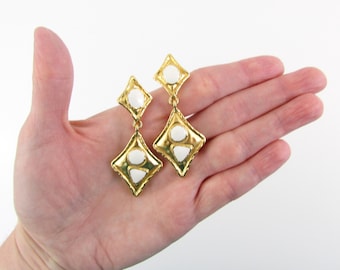 Gold Enamel Drop Earrings- Vintage Hammered Geometric Drop Earrings