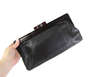 Black Leather Clutch Bag Purse - Vintage Large Purse - Modern Minimalist Style