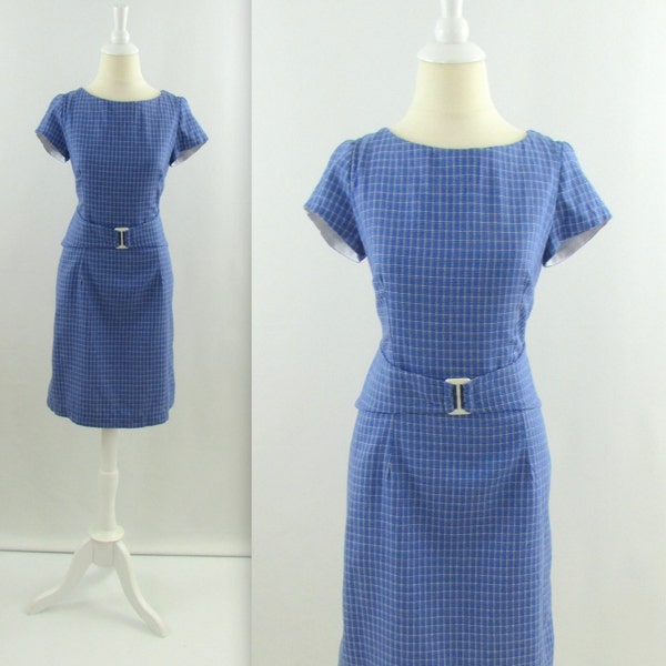 Pale Lapis Dress - Vintage 1960s Mod Day Dress in Denim Blue & White Checkered Print - Medium