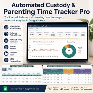 May include: A digital Automated Custody & Parenting Time Tracker Pro for Google Sheets displayed on a laptop screen. The interface shows a dashboard with parenting time metrics, a line graph, a pie chart, and detailed monthly summary tables.