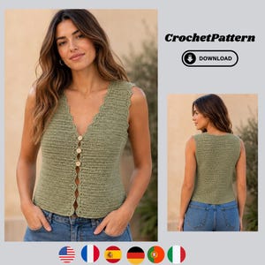 Peut inclure: Un gilet sans manches en crochet vert sauge avec un décolleté en V profond à bord festonné et trois boutons circulaires clairs sur le devant. Le texte CrochetPattern et une icône de téléchargement sont visibles en haut à droite.