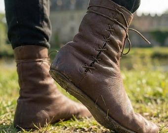 Botas medievales de cuero con cordones, botas vikingas, LARP, descalzo, para hombres y mujeres, disfraz renacentista.