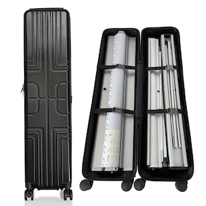 May include: A black rolling case, closed on the left and open on the right, revealing a rolled-up white banner and silver support poles. The case has a textured surface and is designed for transporting display materials. The case is on wheels.
