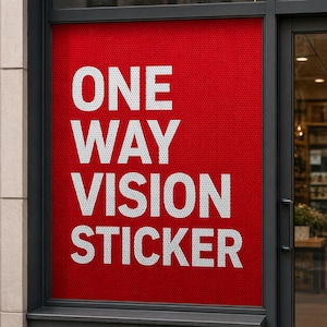 May include: A red one-way vision sticker applied to a storefront window. The sticker has a perforated design and features the words "ONE WAY VISION STICKER" in large white capital letters. The window is framed in black.