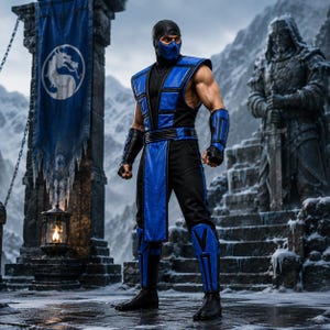 May include: A blue and black ninja costume featuring a sleeveless vest with structured panels, matching forearm guards, and shin guards. The outfit includes a black head covering with a blue face mask, a long waist sash, and black trousers.