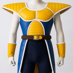 Peut inclure: Un ensemble de costume comprenant une pièce de poitrine jaune et bleue avec des épaulettes proéminentes, une plaque abdominale jaune et une ceinture marron à boucle carrée. L'ensemble inclut des poignets jaunes et un pantalon bleu foncé.