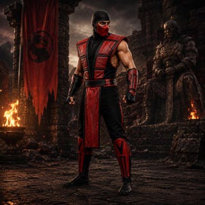 Könnte beinhalten: Eine Ninja-Figur in einer ärmellosen schwarz-roten Tunika mit passenden Arm- und Schienbeinschonern sowie einer schwarzen Maske, die das untere Gesicht bedeckt. Das Outfit hat ein strukturiertes Design mit einem langen roten Überrock über einer schwarzen Hose.