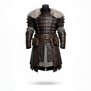 May include: A brown leather costume with a faux fur collar, multiple buckles, and attached pouches. The medieval-style garment features layered panels and arm guards, displayed on a headless mannequin against a white background.