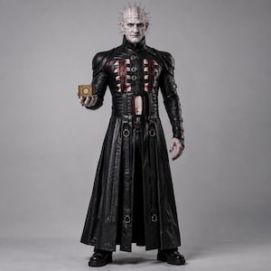 Puede incluir: Una figura vestida con un abrigo largo de cuero negro con detalles rojos en el pecho, con hebillas y anillos de metal. La cabeza es pálida con numerosos alfileres que sobresalen de la piel. La figura sostiene una pequeña caja de rompecabezas dorada.