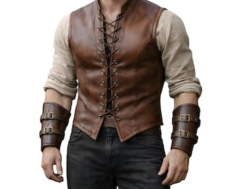 Gilet vichingo da uomo in pelle con allacciatura frontale in stile medievale / Gilet da guerriero rustico