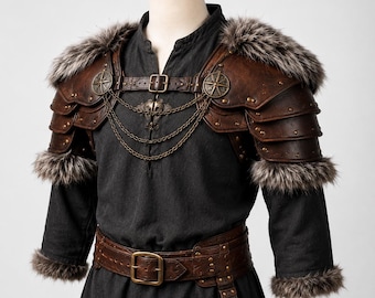 Vikingen kostuumbont leren pailletten | Middeleeuwse krijger schouderpantser | Noors barbaars-cosplaypantser
