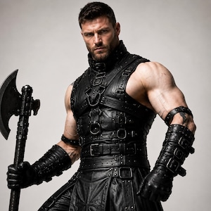 May include: A black leather sleeveless vest with multiple buckles, straps, and metal rings, paired with matching leather gauntlets and an arm band. The ensemble features a high collar and a skirted base, accompanied by a large metal battle axe.
