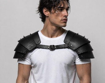 Męskie czarne, owcze, skórzane, kolczaste naramienniki, średniowieczny kostium cosplay i LARP