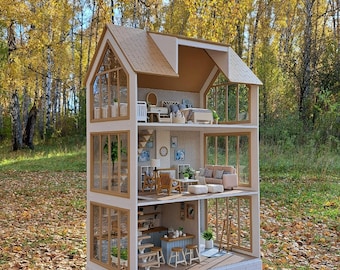 Duży nowoczesny domek dla lalek w skali 1:6 – domek Barbie z meblami