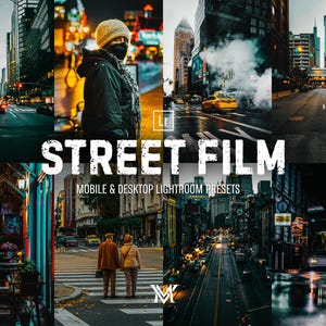 Op de afbeelding: Een collage van stedelijke straatscènes met een filmische uitstraling. De tekst "STREET FILM" is prominent aanwezig, samen met "MOBILE & DESKTOP LIGHTROOM PRESETS". De afbeeldingen tonen stadsgezichten met auto's, gebouwen en mensen, allemaal met een artistieke esthetiek.
