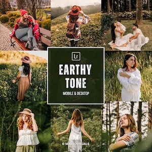 Könnte beinhalten: Eine Collage von Bildern mit Erdtönen, die Menschen in der Natur zeigen. Die Bilder zeigen eine Frau mit roter Mütze, ein Paar in Weiß und eine Frau in einem weißen Kleid. Der Text "EARTHY TONE" wird mit "MOBILE & DESKTOP" darunter angezeigt.