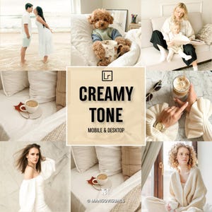 Op de afbeelding: Een digitale productadvertentie met een collage van lifestyle-foto's met de centrale tekst Lr CREAMY TONE MOBILE & DESKTOP. De afbeeldingen tonen een stel op het strand, een hond in een trui, een ouder met kind, koffie en diverse modebeelden.