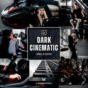 Puede incluir: Un collage de imágenes con una estética oscura y cinematográfica. La imagen central presenta el texto "DARK CINEMATIC MOBILE & DESKTOP". Otras imágenes incluyen un coche deportivo negro, una motocicleta y personas en varias poses.