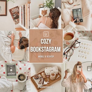 Op de afbeelding: Een digitale collage met diverse knusse scènes, waaronder boeken, lezen, koffie en huidverzorgingsproducten. De centrale tekst luidt "Lr COZY BOOKSTAGRAM MOBILE & DESKTOP" op een beige achtergrond, met "MANSOVISUALS" onderaan.
