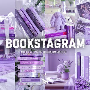 Puede incluir: Un collage de libros en tonos morados, con títulos como "Powerless" y "One Night." La palabra "BOOKSTAGRAM" se muestra de forma destacada, junto con texto sobre ajustes preestablecidos de Lightroom para móviles y escritorio. Un conejito de peluche y flores complementan la imagen.