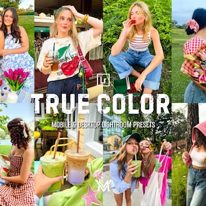 Peut inclure: Un collage de photographies de style de vie montrant des personnes dans des cadres extérieurs, des pique-niques et des cafés, avec le texte TRUE COLOR MOBILE & DESKTOP LIGHTROOM PRESETS superposé au centre, présentant divers vêtements et bouquets.