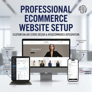 K&ouml;nnte beinhalten: Werbung f&uuml;r die professionelle Einrichtung von E-Commerce-Websites. Das Bild zeigt einen Computermonitor, ein Tablet und ein Smartphone, die eine Website-Oberfl&auml;che anzeigen. Der Text enth&auml;lt "Professional Ecommerce Website Setup" und "Custom Online Store Design & WooCommerce Integration."