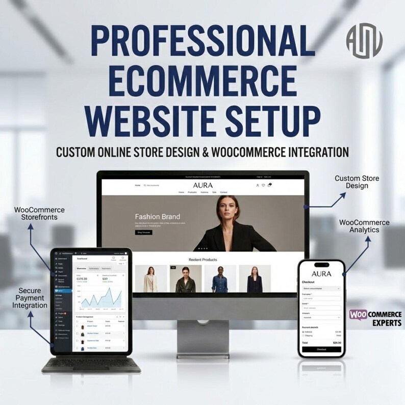K&ouml;nnte beinhalten: Werbung f&uuml;r die professionelle Einrichtung von E-Commerce-Websites. Das Bild zeigt einen Computermonitor, ein Tablet und ein Smartphone, die eine Website-Oberfl&auml;che anzeigen. Der Text enth&auml;lt "Professional Ecommerce Website Setup" und "Custom Online Store Design & WooCommerce Integration."