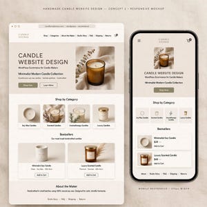May include: A website design mockup for a candle studio displayed on a desktop and mobile screen. The layout features a neutral color palette, product categories, and images of candles in glass jars. Text includes Candle Studio, Shop by Category, and Bestsellers.