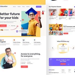 K&ouml;nnte beinhalten: Ein Website-Landingpage-Design f&uuml;r eine Bildungsplattform mit einem Kind mit Doktorhut und Brille, Abschnitten f&uuml;r beliebte Kurse, Programmdetails, Erfahrungsberichten und einer Call-to-Action-Schaltfl&auml;che mit der Aufschrift Get Started.