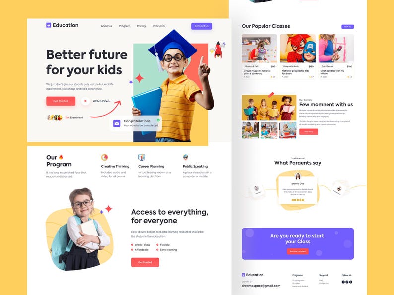 K&ouml;nnte beinhalten: Ein Website-Landingpage-Design f&uuml;r eine Bildungsplattform mit einem Kind mit Doktorhut und Brille, Abschnitten f&uuml;r beliebte Kurse, Programmdetails, Erfahrungsberichten und einer Call-to-Action-Schaltfl&auml;che mit der Aufschrift Get Started.