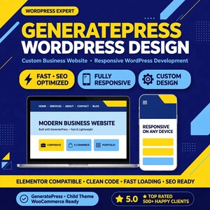 Op de afbeelding: Een digitale afbeelding die GeneratePress WordPress-ontwerpdiensten promoot. Het toont een laptop en smartphone met een zakelijke website, met tekst die functies benadrukt zoals snel, SEO-geoptimaliseerd, volledig responsief en aangepast ontwerp.