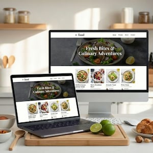 Könnte beinhalten: Ein silberner Laptop und ein Desktop-Monitor, die eine Food-Blog-Website mit dem Titel food und der Überschrift Fresh Bites & Culinary Adventures anzeigen. Der Bildschirm zeigt verschiedene Rezept-Vorschaubilder wie Mediterranean Quinoa Salad.