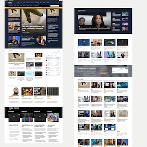 May include: A webpage layout with multiple sections. The top section features news headlines, including "Why Nike wants to make Air Force 1 sneakers harder to find." Other sections include "Bitcoin Tops $47,000" and "Subscribe to Updates."