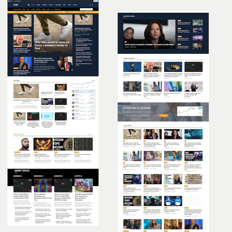 May include: A webpage layout with multiple sections. The top section features news headlines, including "Why Nike wants to make Air Force 1 sneakers harder to find." Other sections include "Bitcoin Tops $47,000" and "Subscribe to Updates."
